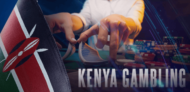 Kenya gambling text with flag and casino background.